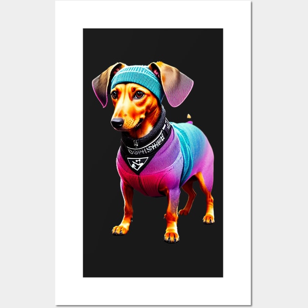 Cute Dachshund in Colorful Handmade Knitted Clothes and Headband Wall Art by fur-niche